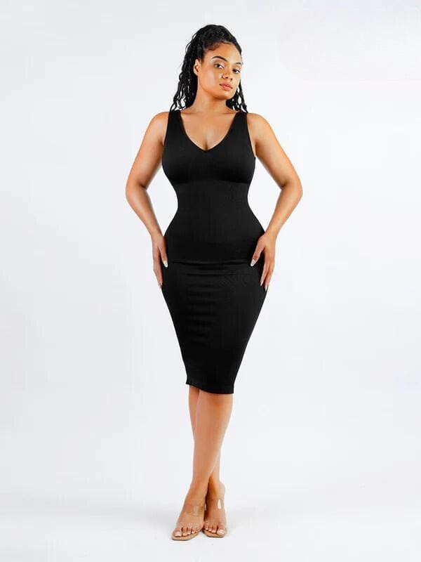 CurvyPower | NL Bodycon Black / XS/S Deep V Neck Bodycon Shaping Midi Dress with Removable Pads