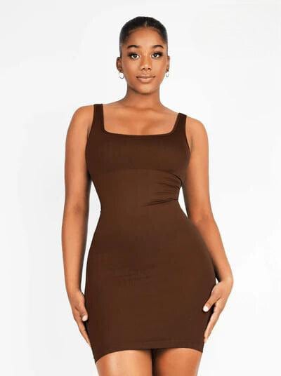 CurvyPower | NL Bodycon Dark Brown / XS/S Square Neck Midi Dress Shapewear Bodycon With Removable Pads