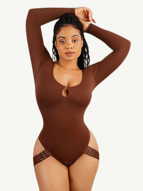 CurvyPower | NL bodysuit Brown / S Long Sleeve Scoop Neck Shaping Thong Bodysuit