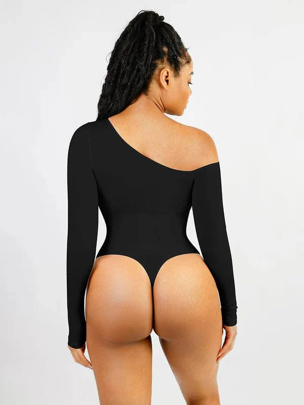 CurvyPower | NL bodysuit Long Sleeve and Diagonal Neck Compression Shapewear Thong Bodysuit