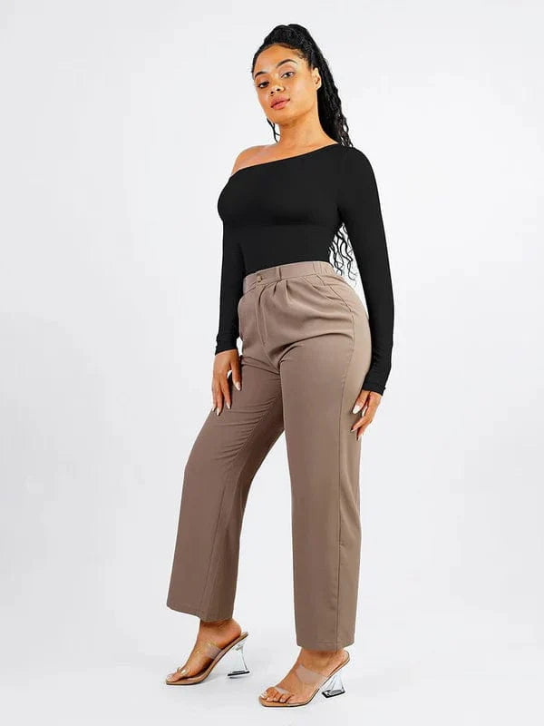 CurvyPower | NL bodysuit Long Sleeve and Diagonal Neck Compression Shapewear Thong Bodysuit
