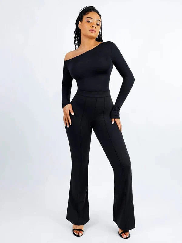 CurvyPower | NL bodysuit Long Sleeve and Diagonal Neck Compression Shapewear Thong Bodysuit