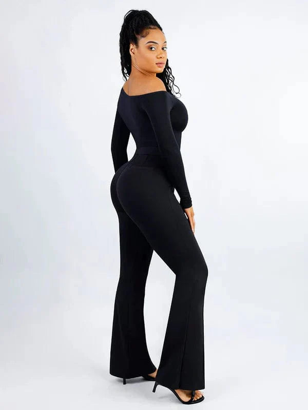CurvyPower | NL bodysuit Long Sleeve and Diagonal Neck Compression Shapewear Thong Bodysuit