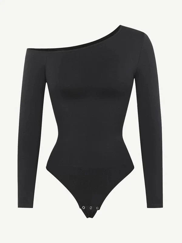 CurvyPower | NL bodysuit Long Sleeve and Diagonal Neck Compression Shapewear Thong Bodysuit