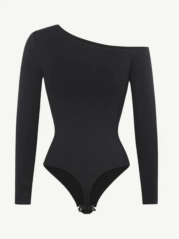 CurvyPower | NL bodysuit Long Sleeve and Diagonal Neck Compression Shapewear Thong Bodysuit
