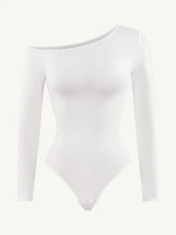 CurvyPower | NL bodysuit Long Sleeve and Diagonal Neck Compression Shapewear Thong Bodysuit