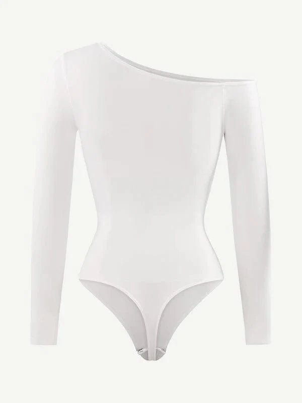 CurvyPower | NL bodysuit Long Sleeve and Diagonal Neck Compression Shapewear Thong Bodysuit