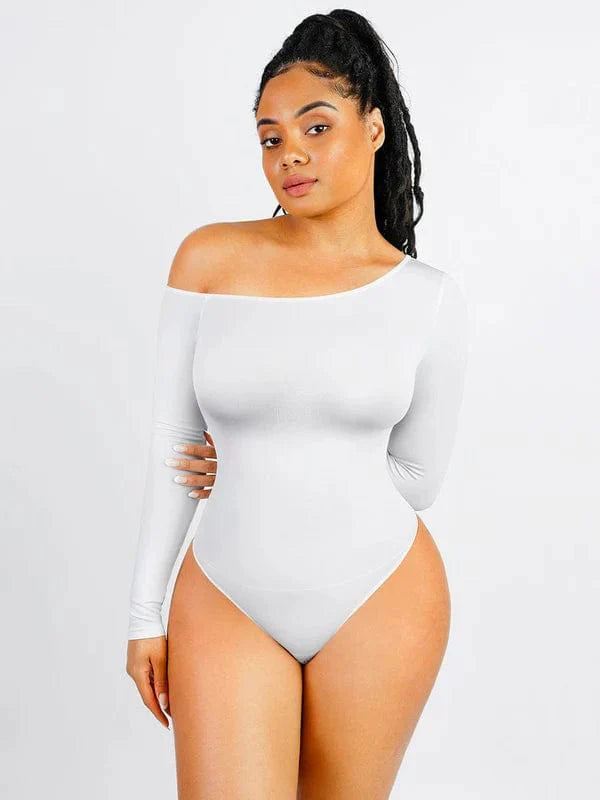 CurvyPower | NL bodysuit White / XS/S Long Sleeve and Diagonal Neck Compression Shapewear Thong Bodysuit