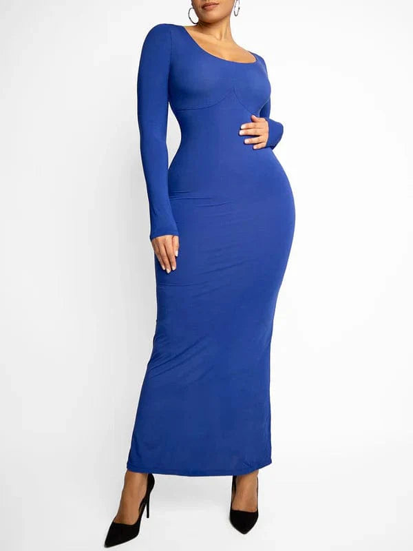 CurvyPower | NL Maxi Dress Dark Blue / S Built In Shapewear Long Sleeve Bodycon Maxi Dress