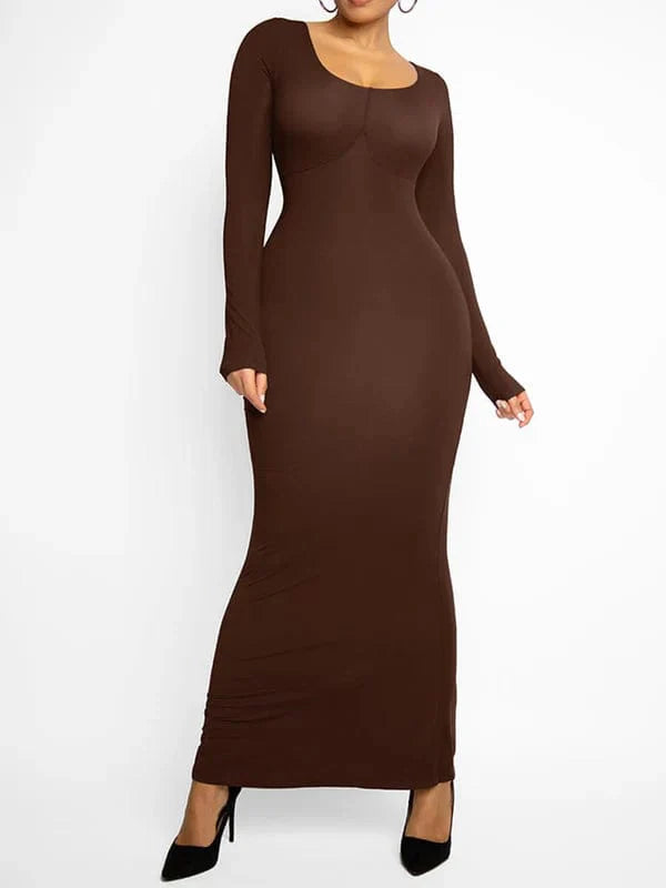CurvyPower | NL Maxi Dress Dark Brown / S Built In Shapewear Long Sleeve Bodycon Maxi Dress