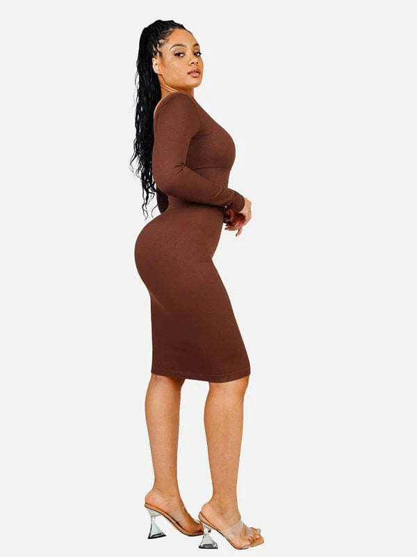 CurvyPower | NL Midi Dress Long Sleeve V Neck Bodycon Waist Cinching Shaper Midi Dress