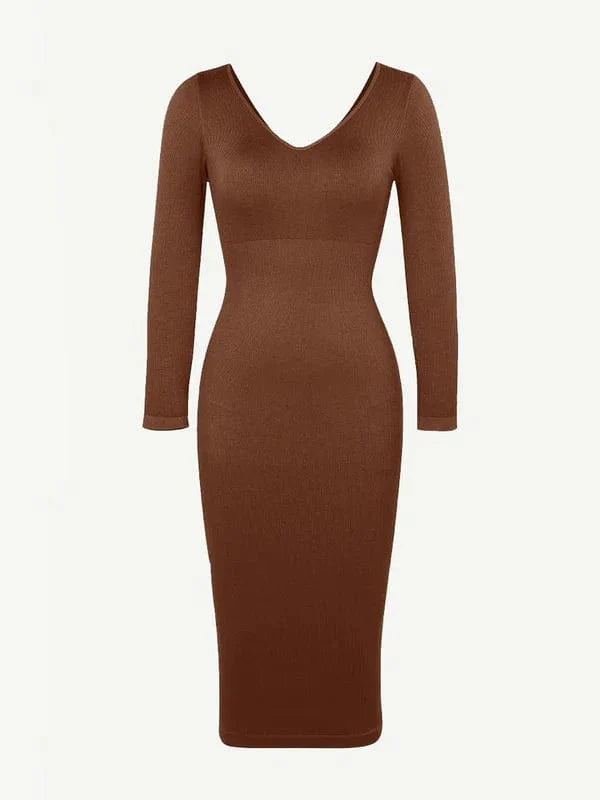 CurvyPower | NL Midi Dress Long Sleeve V Neck Bodycon Waist Cinching Shaper Midi Dress