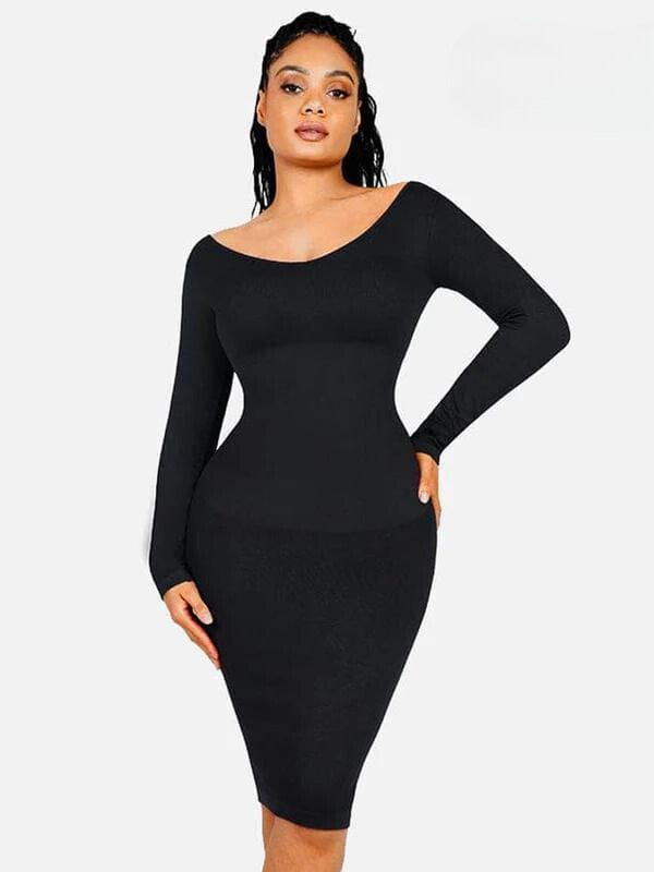 CurvyPower | NL Midi Dress Long Sleeve V Neck Bodycon Waist Cinching Shaper Midi Dress