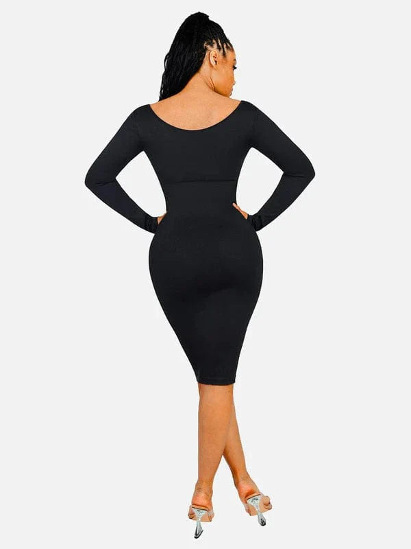 CurvyPower | NL Midi Dress Long Sleeve V Neck Bodycon Waist Cinching Shaper Midi Dress