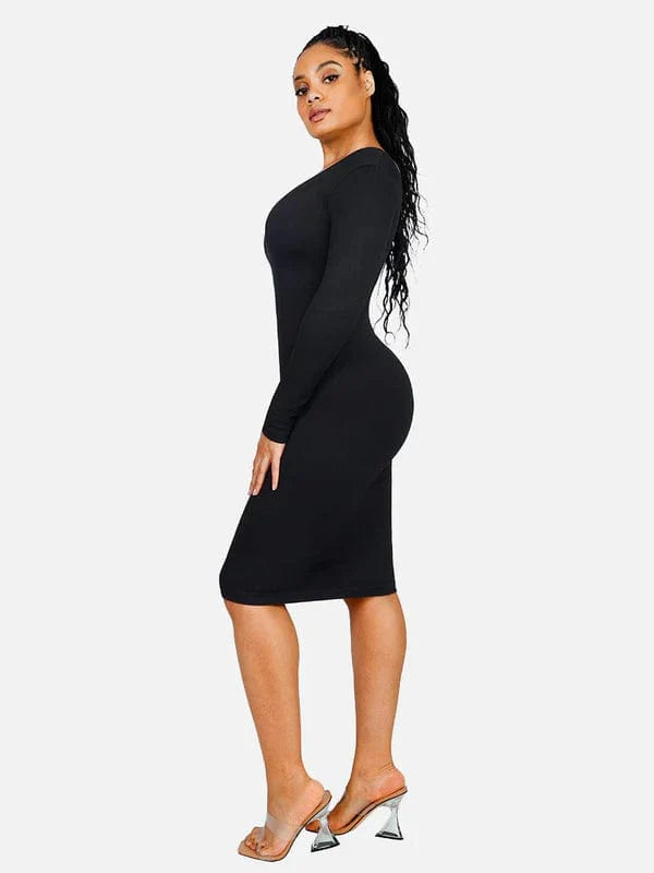 CurvyPower | NL Midi Dress Long Sleeve V Neck Bodycon Waist Cinching Shaper Midi Dress