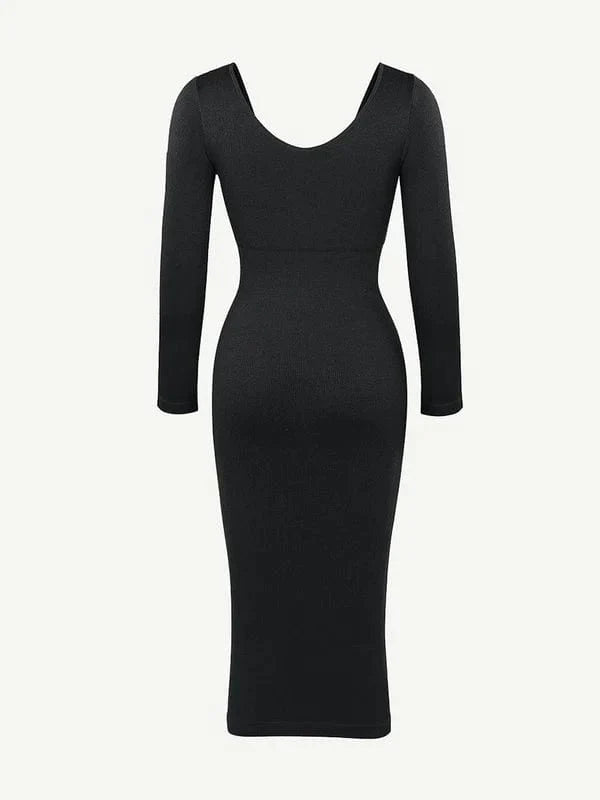 CurvyPower | NL Midi Dress Long Sleeve V Neck Bodycon Waist Cinching Shaper Midi Dress
