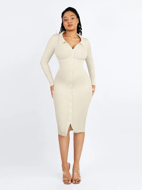 CurvyPower | NL Shirt Dress White / XS/S Tummy Control Retro Long Sleeve Shapewear Shirt Dress