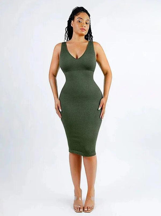 CurvyPower | NL Bodycon Dark Green / XS/S Deep V Neck Bodycon Shaping Midi Dress with Removable Pads