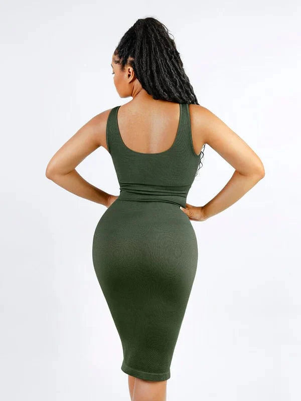 CurvyPower | NL Bodycon Deep V Neck Bodycon Shaping Midi Dress with Removable Pads