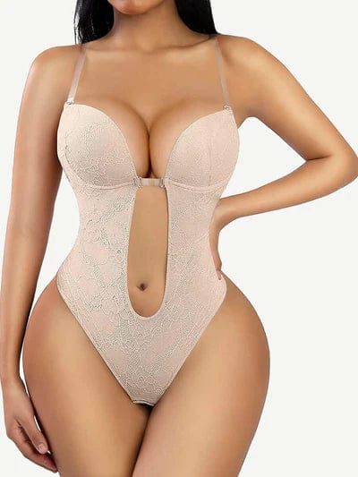 CurvyPower | NL bodysuit Beige / S Lace-Trimmed Deep V Neck Shapewear Low Back Bodysuit