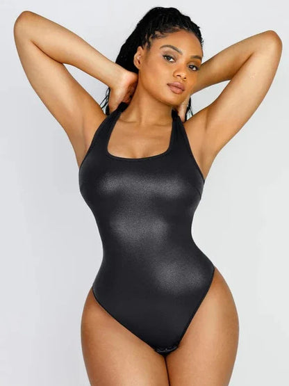 CurvyPower | NL bodysuit Black / S Elastic Tummy Control Shapewear Bodysuit in Faux Leather