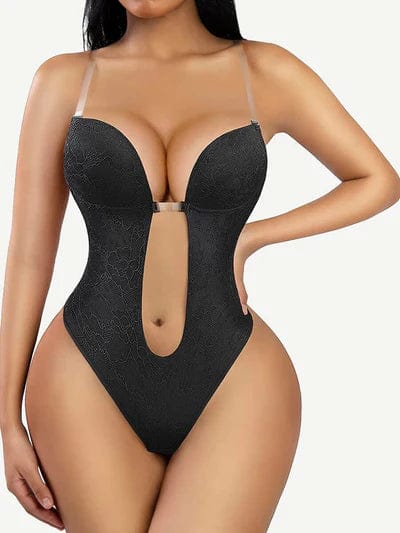CurvyPower | NL bodysuit Black / S Lace-Trimmed Deep V Neck Shapewear Low Back Bodysuit