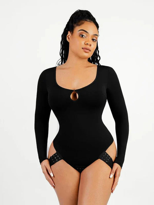CurvyPower | NL bodysuit Black / S Long Sleeve Scoop Neck Shaping Thong Bodysuit