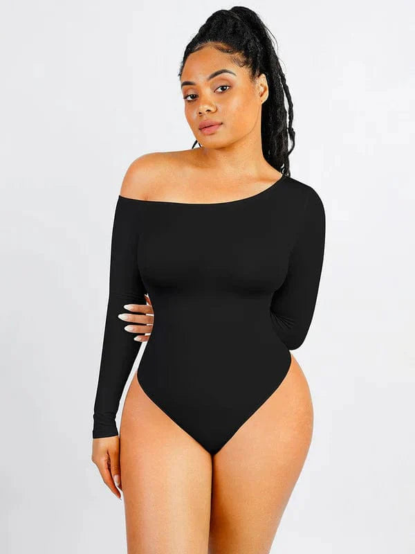 CurvyPower | NL bodysuit Black / XS/S Long Sleeve and Diagonal Neck Compression Shapewear Thong  Bodysuit