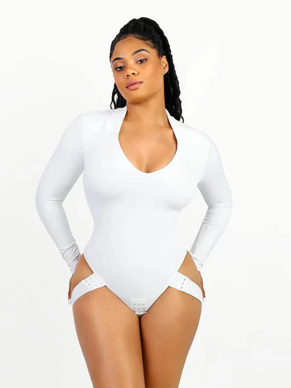 CurvyPower | NL bodysuit Deep V Neck Long Sleeve Shapewear Thong Bodysuit