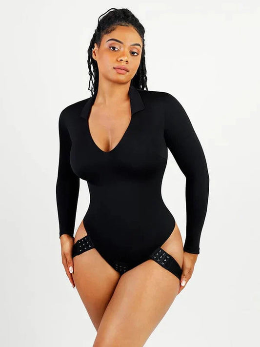 CurvyPower | NL bodysuit Deep V Neck Long Sleeve Shapewear Thong Bodysuit