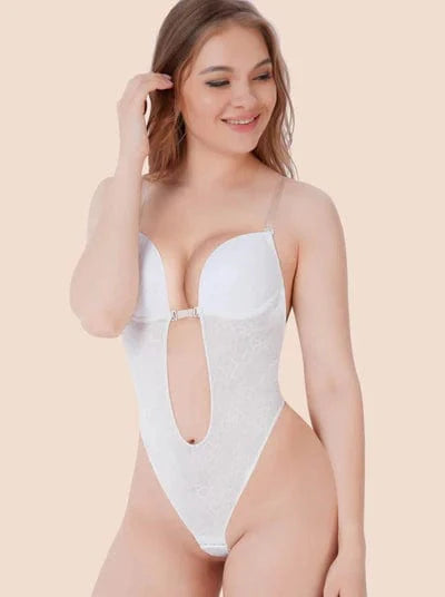 CurvyPower | NL bodysuit Lace-Trimmed Deep V Neck Shapewear Low Back Bodysuit