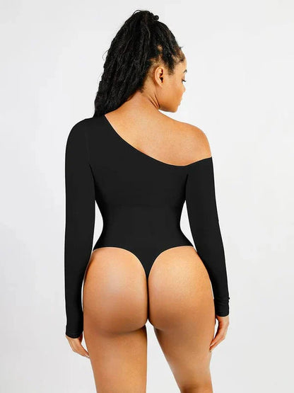 CurvyPower | NL bodysuit Long Sleeve and Diagonal Neck Compression Shapewear Thong  Bodysuit