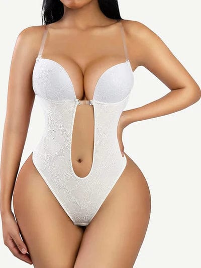 CurvyPower | NL bodysuit White / S Lace-Trimmed Deep V Neck Shapewear Low Back Bodysuit