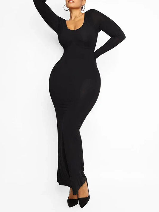CurvyPower | NL Maxi Dress Black / S Built In Shapewear Long Sleeve Bodycon Maxi Dress