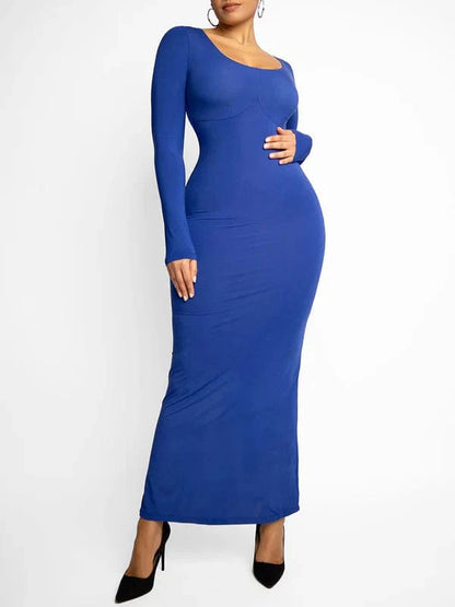 CurvyPower | NL Maxi Dress Dark Blue / S Built In Shapewear Long Sleeve Bodycon Maxi Dress