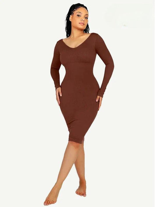 CurvyPower | NL Midi Dress Long Sleeve V Neck Bodycon Waist Cinching Shaper Midi Dress