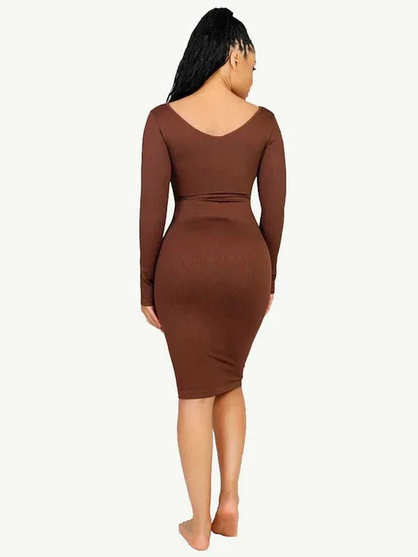 CurvyPower | NL Midi Dress Long Sleeve V Neck Bodycon Waist Cinching Shaper Midi Dress