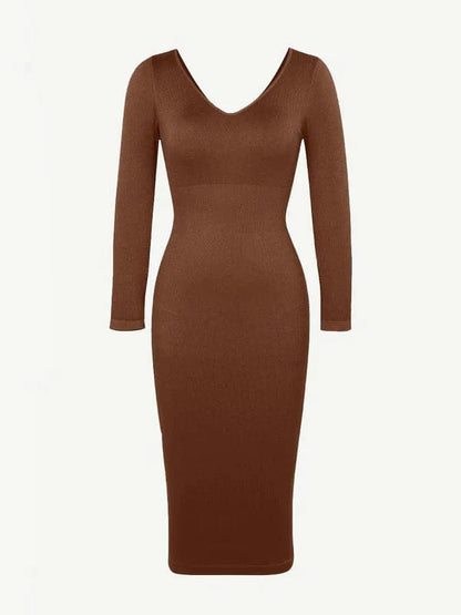 CurvyPower | NL Midi Dress Long Sleeve V Neck Bodycon Waist Cinching Shaper Midi Dress