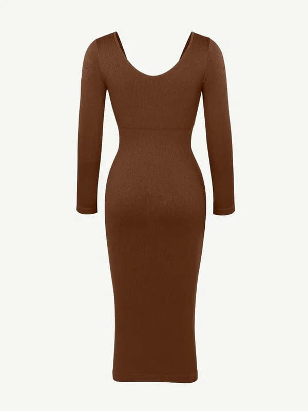 CurvyPower | NL Midi Dress Long Sleeve V Neck Bodycon Waist Cinching Shaper Midi Dress