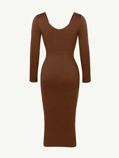 CurvyPower | NL Midi Dress Long Sleeve V Neck Bodycon Waist Cinching Shaper Midi Dress