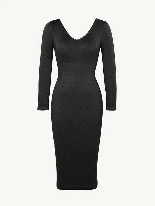 CurvyPower | NL Midi Dress Long Sleeve V Neck Bodycon Waist Cinching Shaper Midi Dress