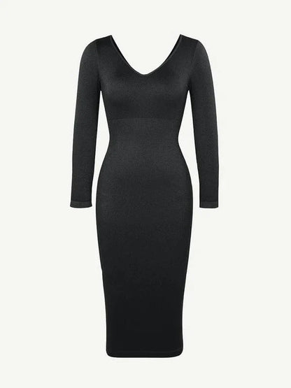 CurvyPower | NL Midi Dress Long Sleeve V Neck Bodycon Waist Cinching Shaper Midi Dress