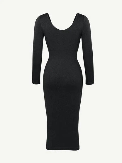CurvyPower | NL Midi Dress Long Sleeve V Neck Bodycon Waist Cinching Shaper Midi Dress