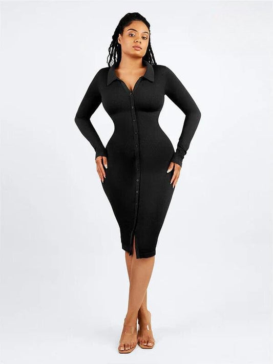 CurvyPower | NL Shirt Dress Black / XS/S Tummy Control Retro Long Sleeve Shapewear Shirt Dress